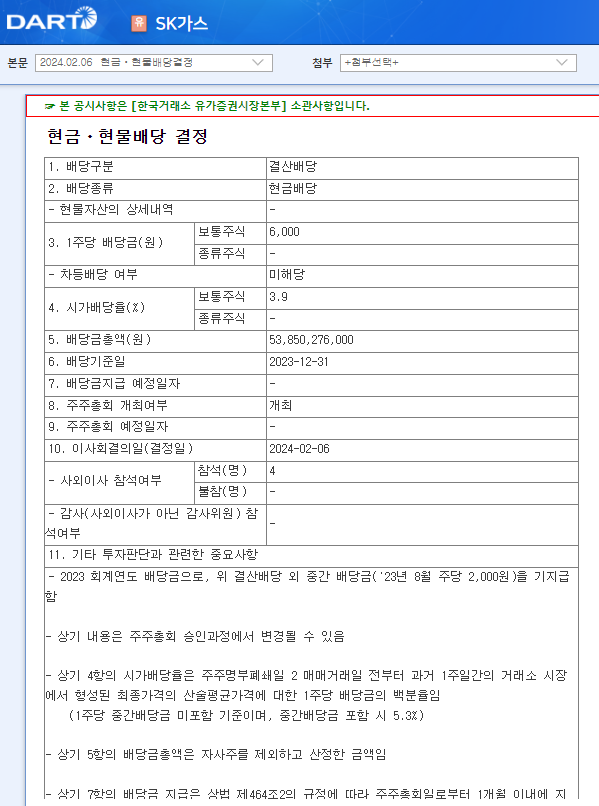 SK가스 배당 공시