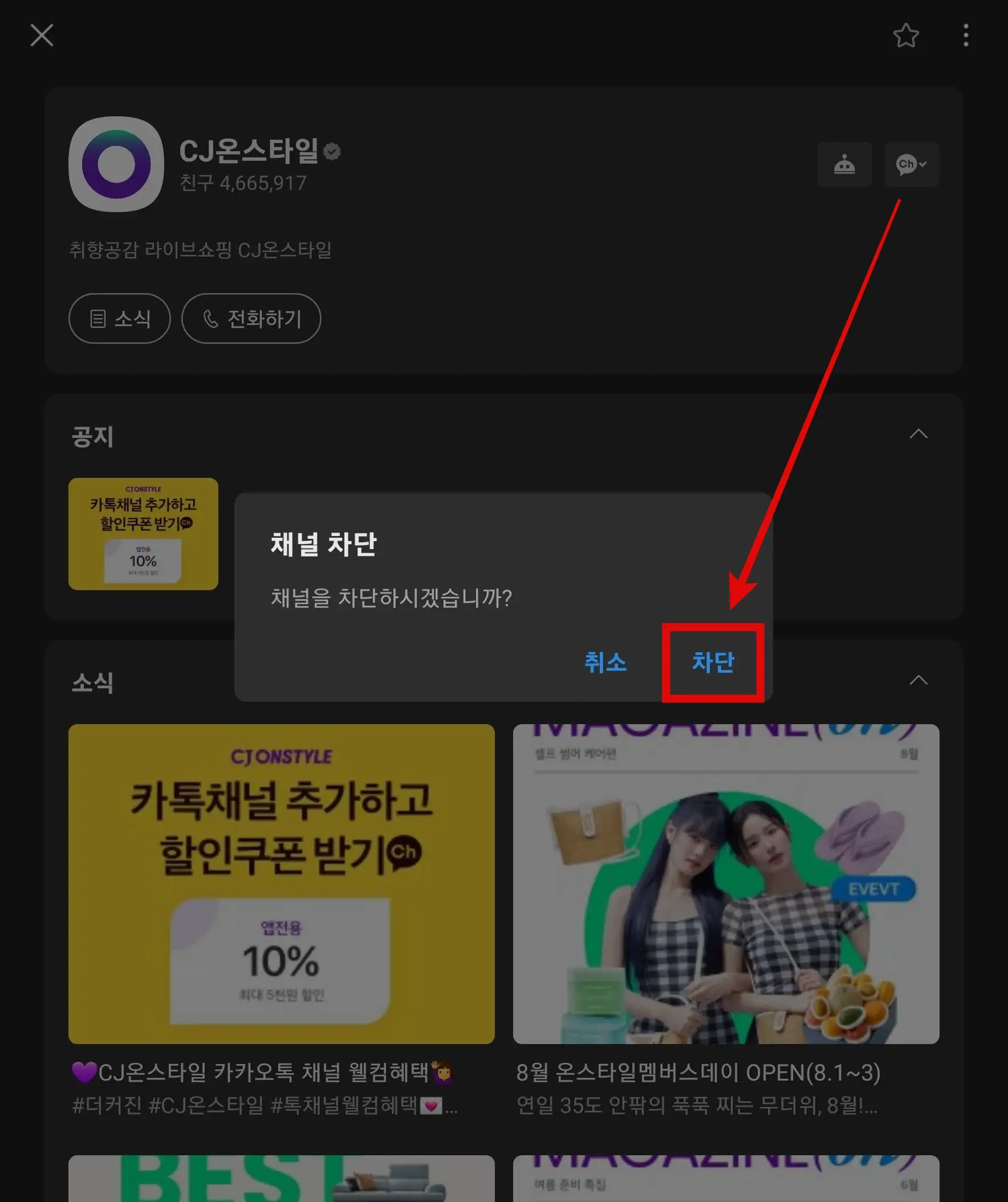채널 차단 메시지