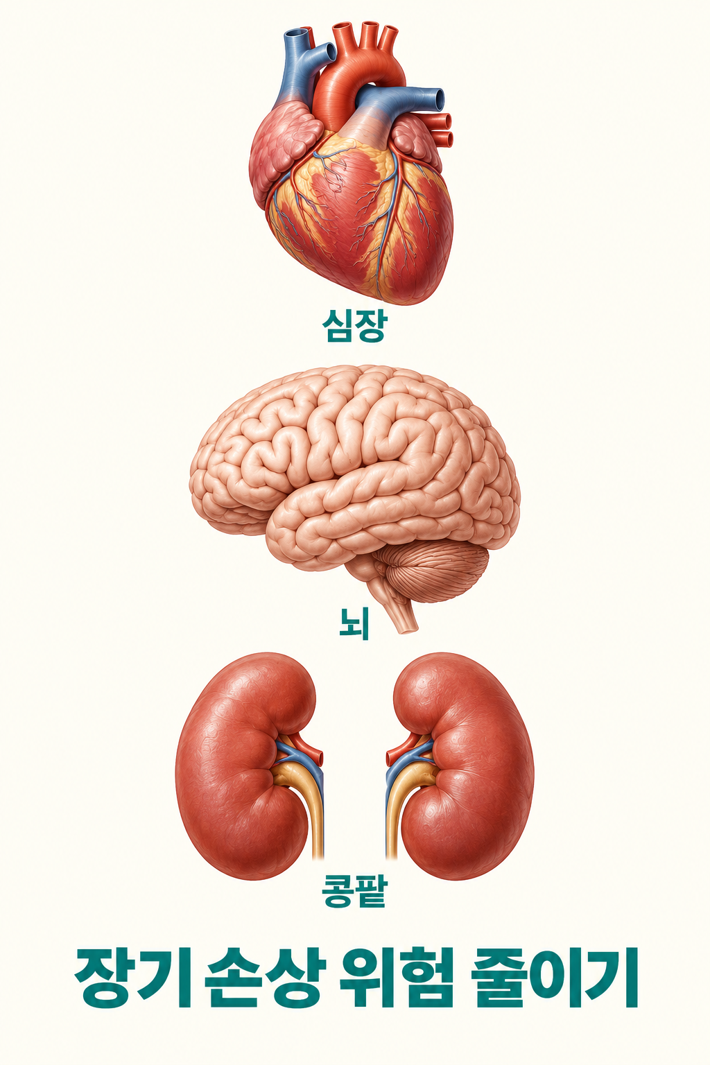 서로 분리된 심장·뇌·콩팥 그림과 장기 손상 위험을 줄이려는 관리 목적