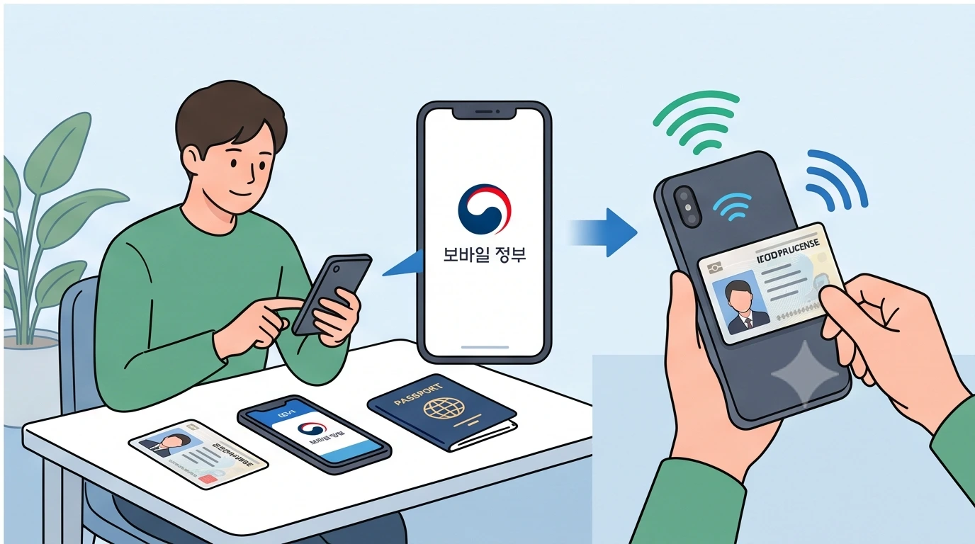 스마트폰에 IC 운전면허증을 태그(NFC 인식)하여 모바일 신분증을 등록 및 발급받는 과정 일러스트