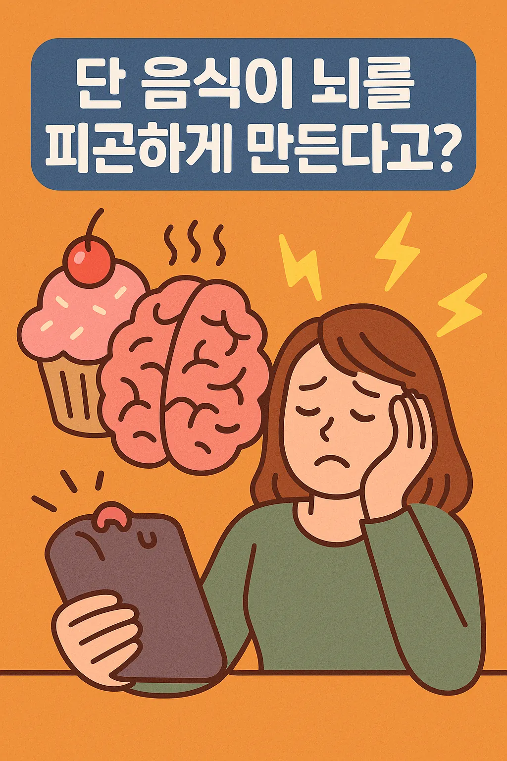 단-음식-섭취-후-피로를-느끼는-여성과-뇌와-컵케이크가-표현된-일러스트로-과당-피로감을-시각적으로-강조함