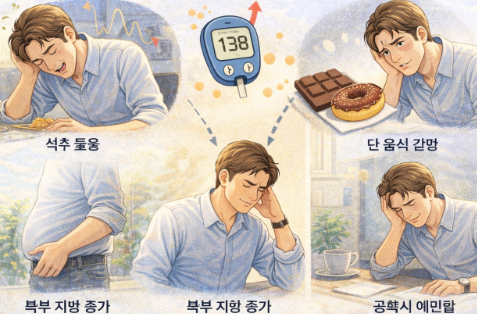 인슐린 저항성 초기 신호를 설명하는 혈당변동과 식후 졸음 등을 표현한 일러스트
