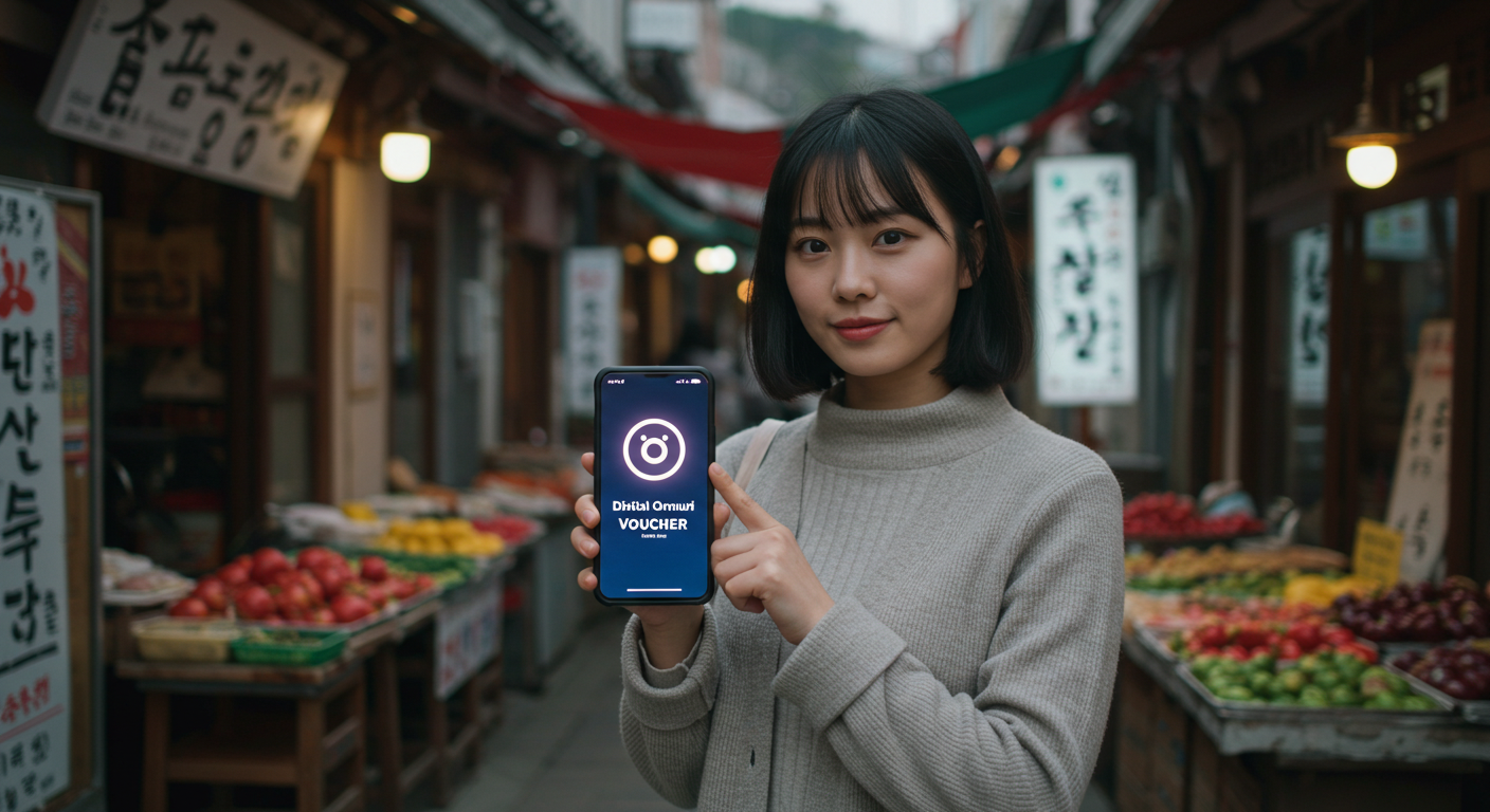 디지털 온누리상품권 앱을 실행하며 시장 앞에 선 여성