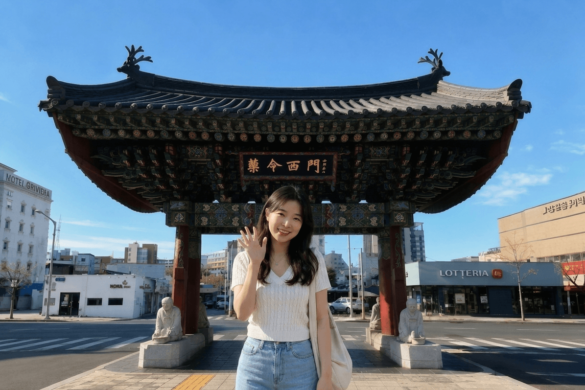 대구 중구 약령시 서문, 한자로 약령서문이 적힌 전통 기와 문루와 기둥 아래 약초 다듬는 석상, 뒤로 롯데리아와 모텔 간판이 보이는 대구 약령시 입구 전경