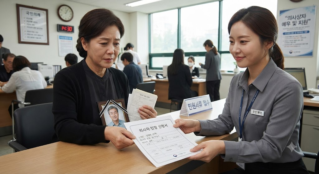 주민센터에 의사상자 인정 신청서를 제출하고 있는 유족의 모습