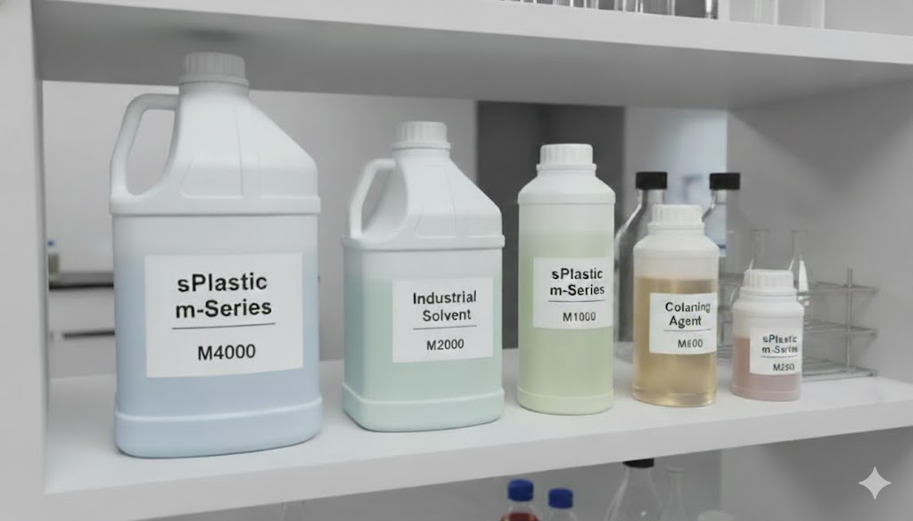 다양한 산업용 화학제품 보관에 최적화된 sPlastic m-Series HDPE 용기들. 화학용품 용기로서의 뛰어난 범용성