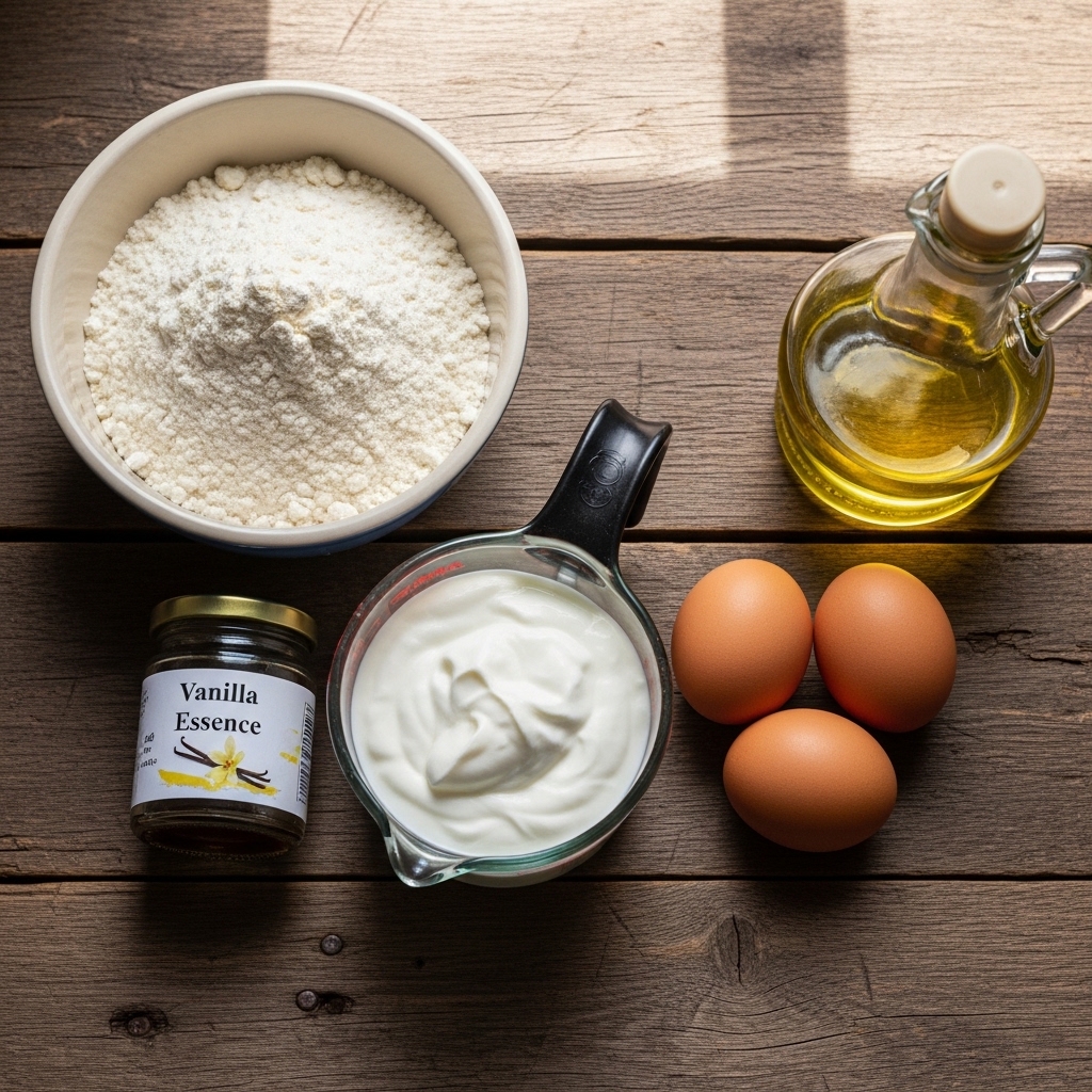 테이블 위에 놓인 박력분, 요거트, 계란 등 요거트 케이크 재료 전체 샷