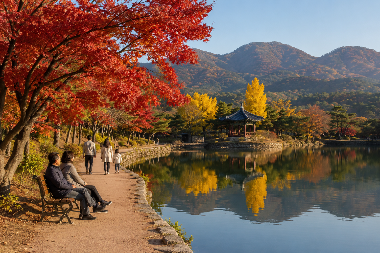 붉고 노란 단풍나무 사이의 평탄한 수목원 산책로를 걷는 가족