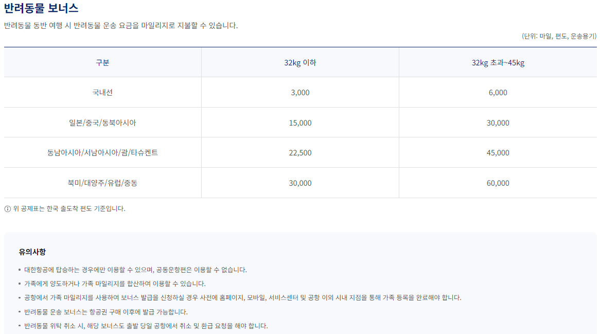 대한항공 마일리지 사용 반려동물 보너스 이용안내