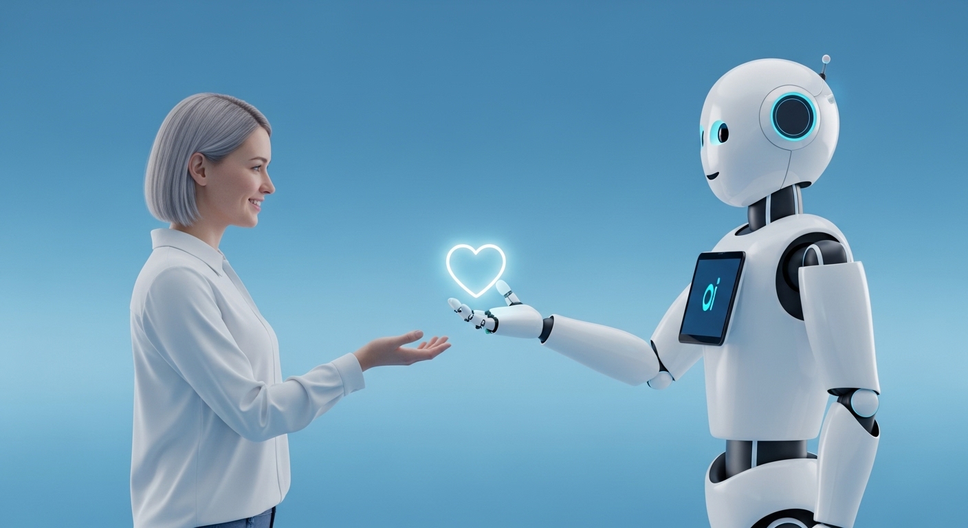 AI 로봇이 사람에게 하트를 건네며 멘탈 관리를 돕는 이미지