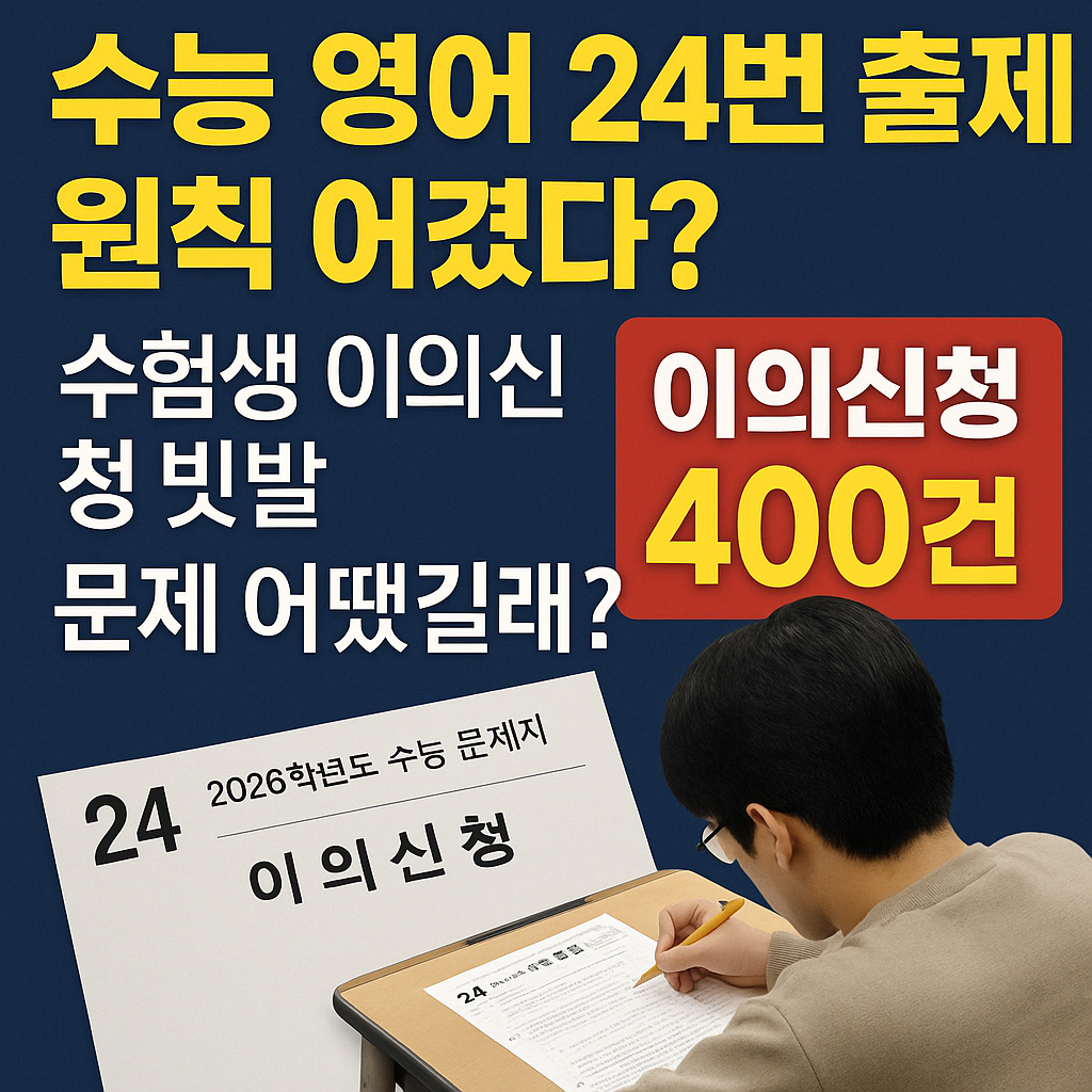 “2026 수능 영어 24번 문항 이의신청 폭증을 강조한 뉴스형 썸네일 이미지”