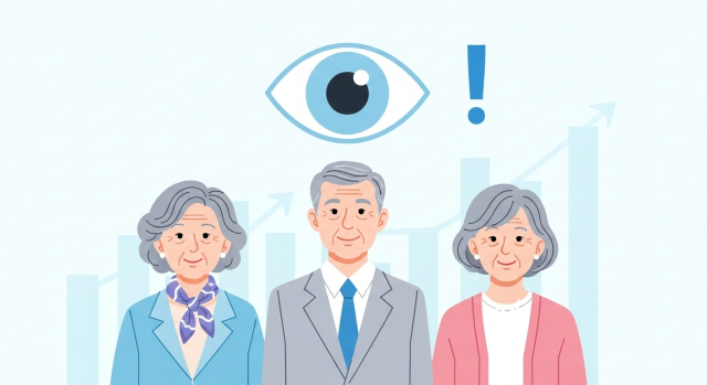 백내장 수술 증가와 실손보험 이슈를 함께 표현한 시니어 일러스트