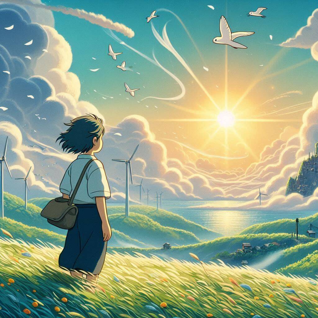 지브리 스타일의 평화로운 시골 마을의 조감도