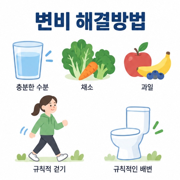 물컵과 채소 과일 걷기 배변 습관 아이콘을 배경으로 변비 해결방법이라는 글자가 중앙에 놓인 교육용 건강 인포그래픽