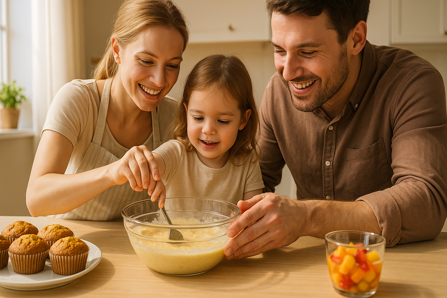 바나나 머핀 반죽 중인 가족