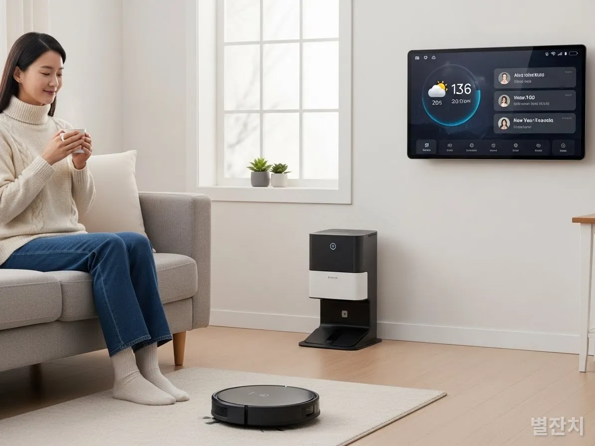 겨울철 한국 가정에서 AI 로봇청소기와 스마트 기기를 활용하여 편안하게 휴식하는 모습
