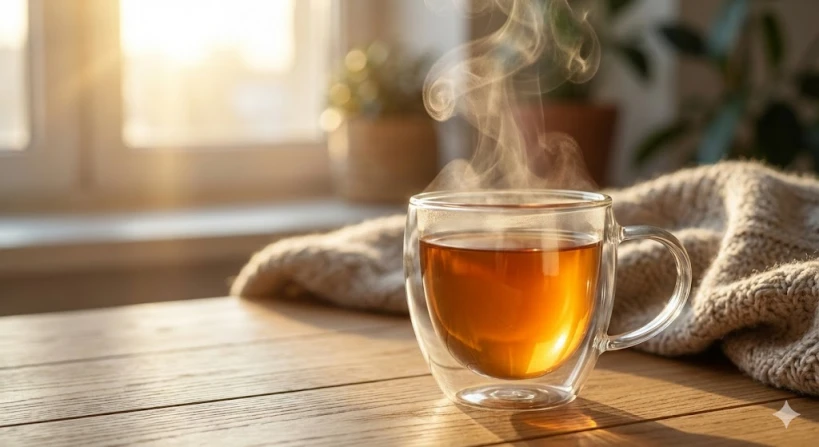 햇살이 비치는 나무 테이블 위에 따뜻한 물이 담긴 투명한 유리잔이 놓여 있습니다. 컵 위로 하얀 김이 모락모락 피어오르는 모습이 클로즈업되어 있어, 보기만 해도 목이 편안해지는 듯한 따뜻하고 아늑한 느낌을 줍니다.