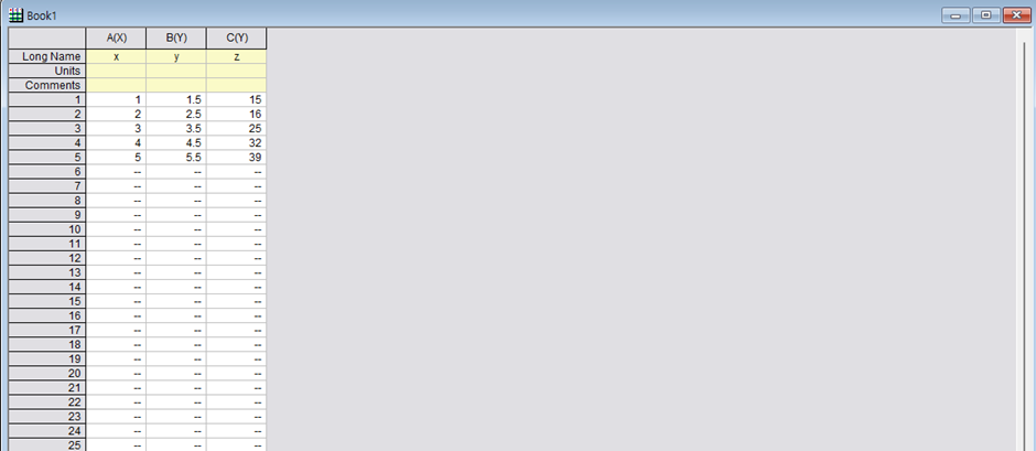 origin - colum - setting - 2Y-data