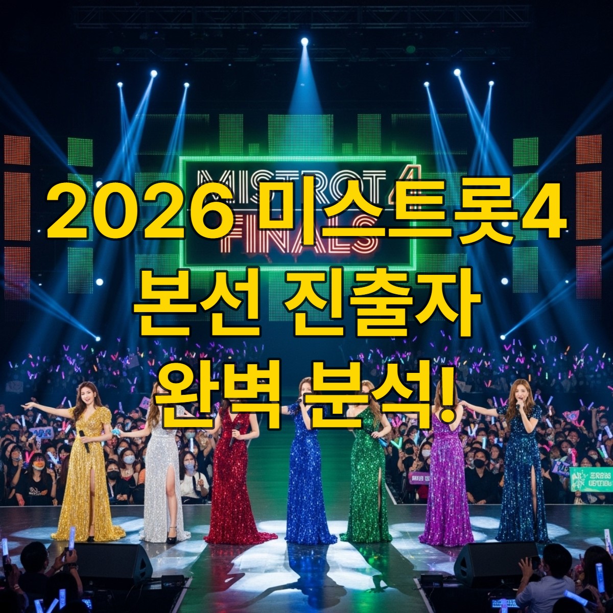 2026 미스트롯4 본선 무대에 선 7인의 진출자들이 화려한 조명 아래 열창하는 모습.