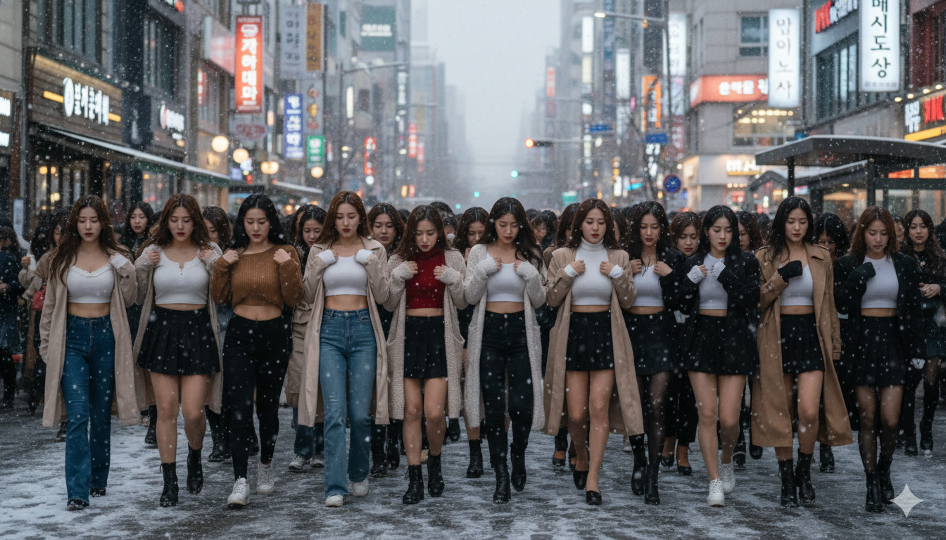 추워하며 걷는 여자들