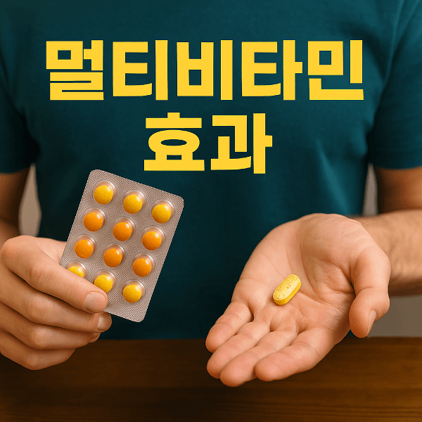 멀티비타민을 손에 들고 있는 이미지와 '멀티비타민 효과' 텍스트