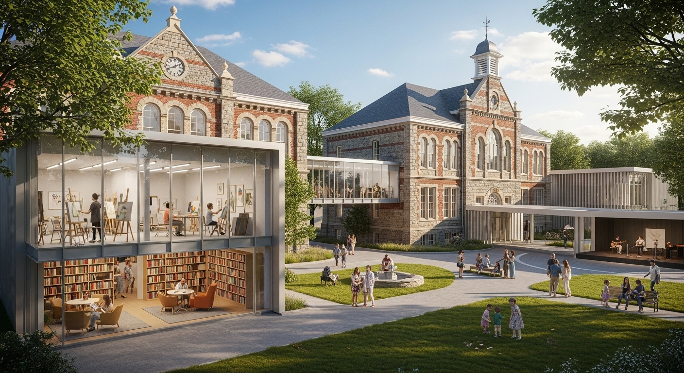 옛 학교가 문화 예술 복합 공간으로 탈바꿈하여 사람들이 예술 활동을 즐기는 모습