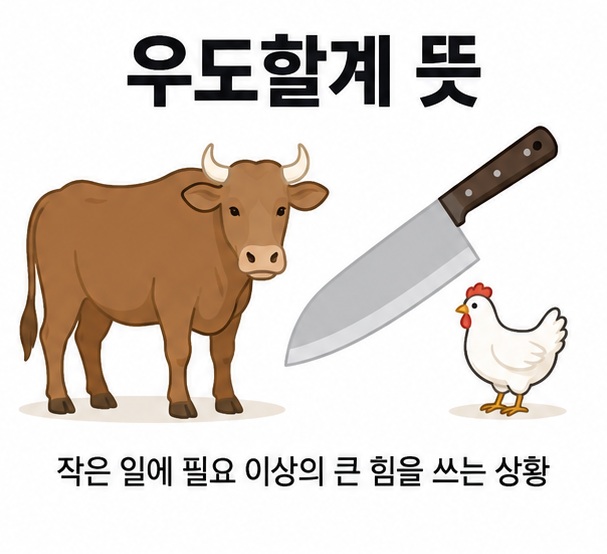 큰 소고기용 칼과 작은 닭을 대비해 우도할계 뜻이라는 글자가 중앙에 놓인 고사성어 학습 인포그래픽