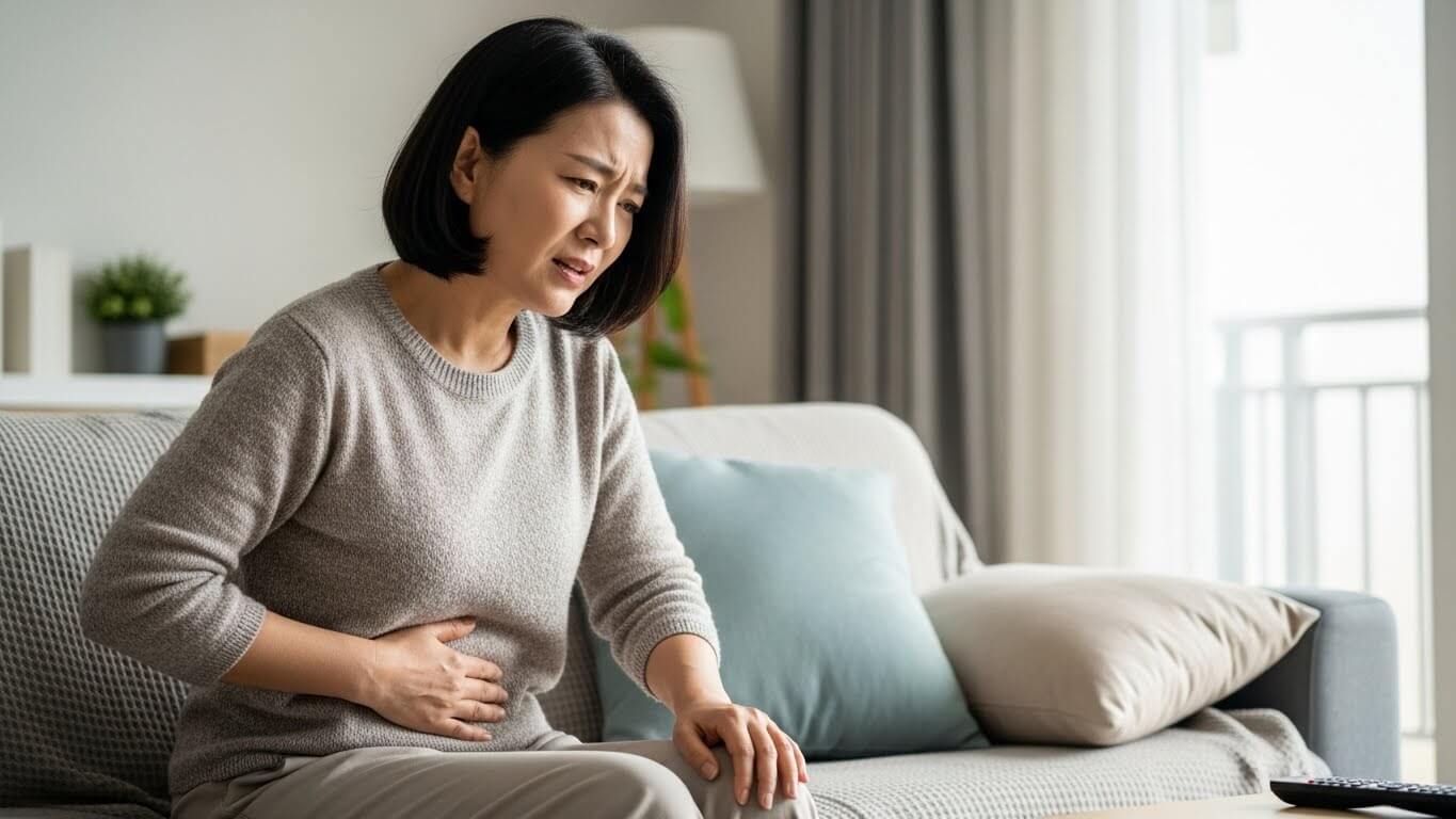 왼쪽 아랫배 통증을 느끼는 50대 여성