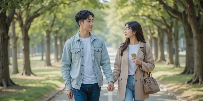 산책하며 건강 이야기하는 부부