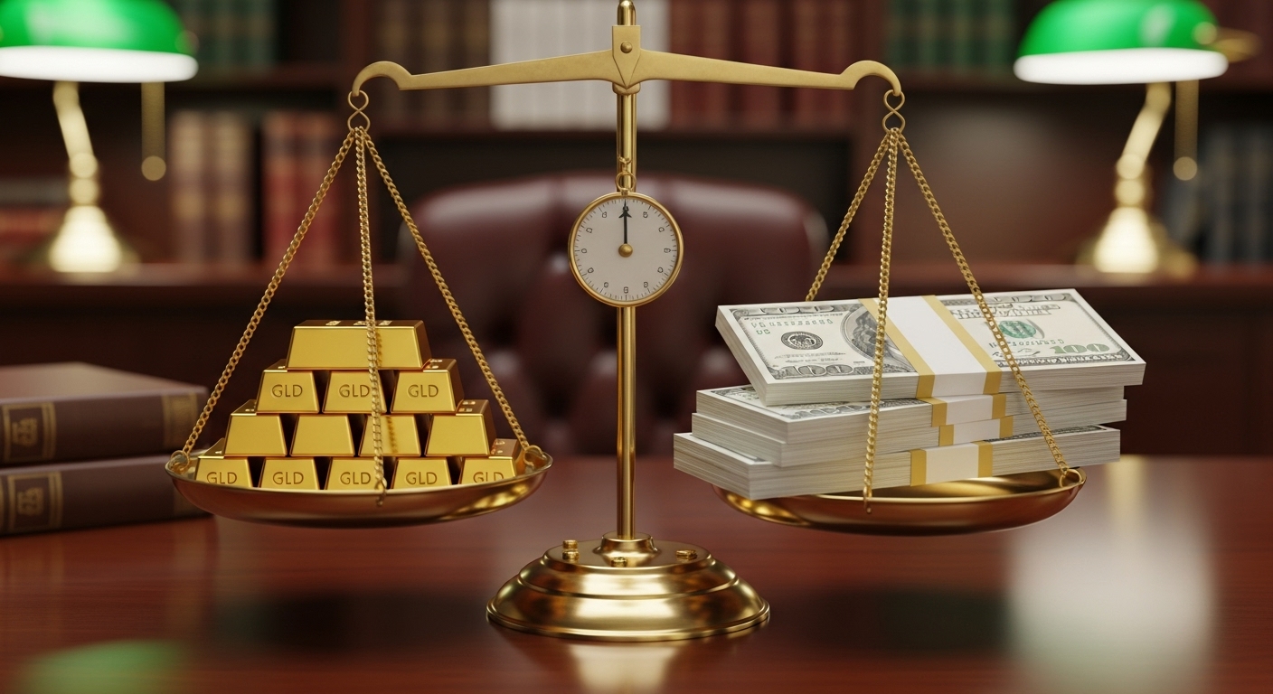 Balance scale with gold ETF on one side and dollar deposit on the other, perfectly balanced.