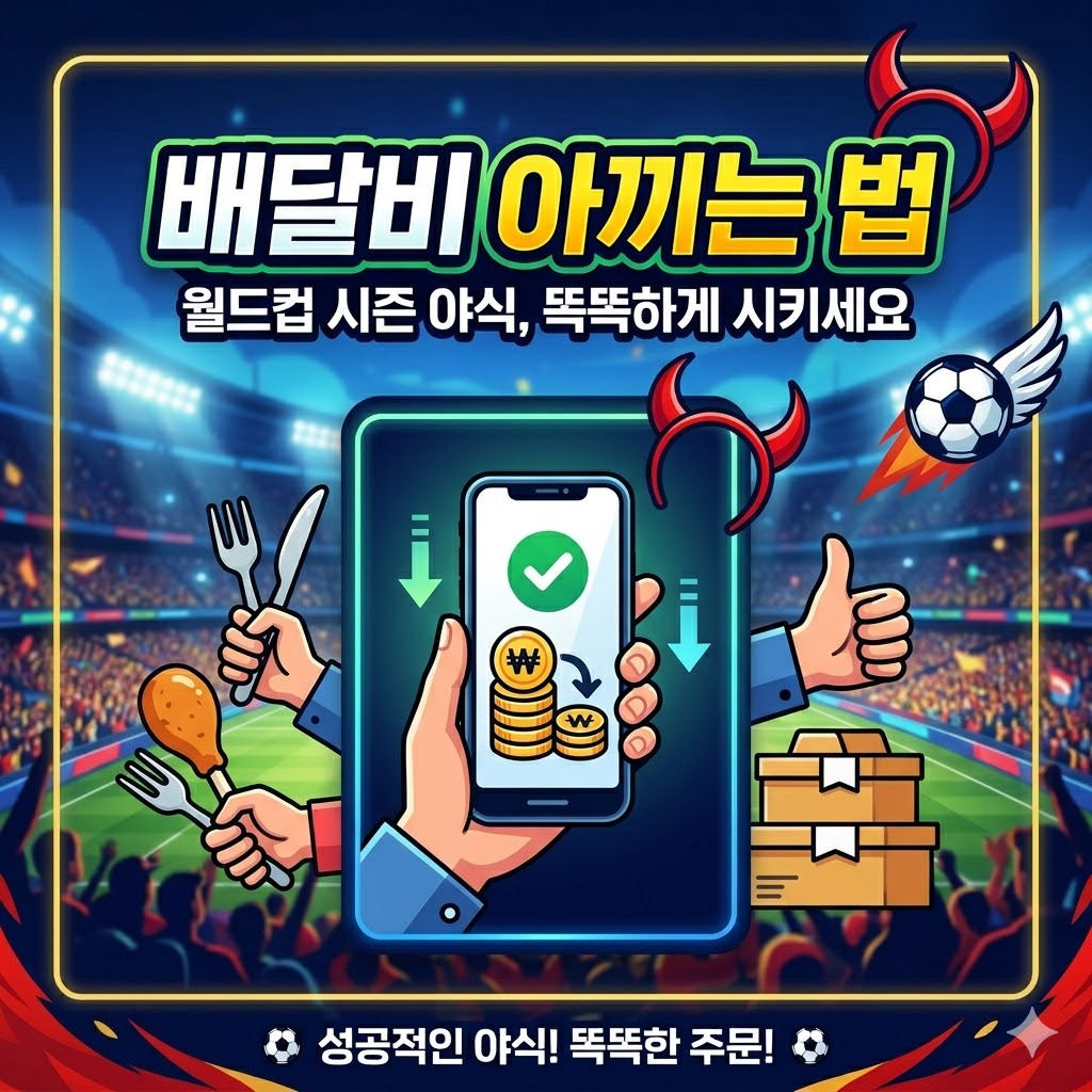 배달비 아끼는 법, 월드컵 시즌 야식 똑똑하게 시키세요"라는 핵심 문구만 깔끔하게 강조된 카드뉴스 스타일의 표지 썸네일 이미지. 환호하는 축구 경기장 관중석을 배경으로, 중앙에는 스마트폰으로 비용을 절약하는 그래픽과 치킨, 포장 박스 일러스트가 직관적으로 배치되어 있다.