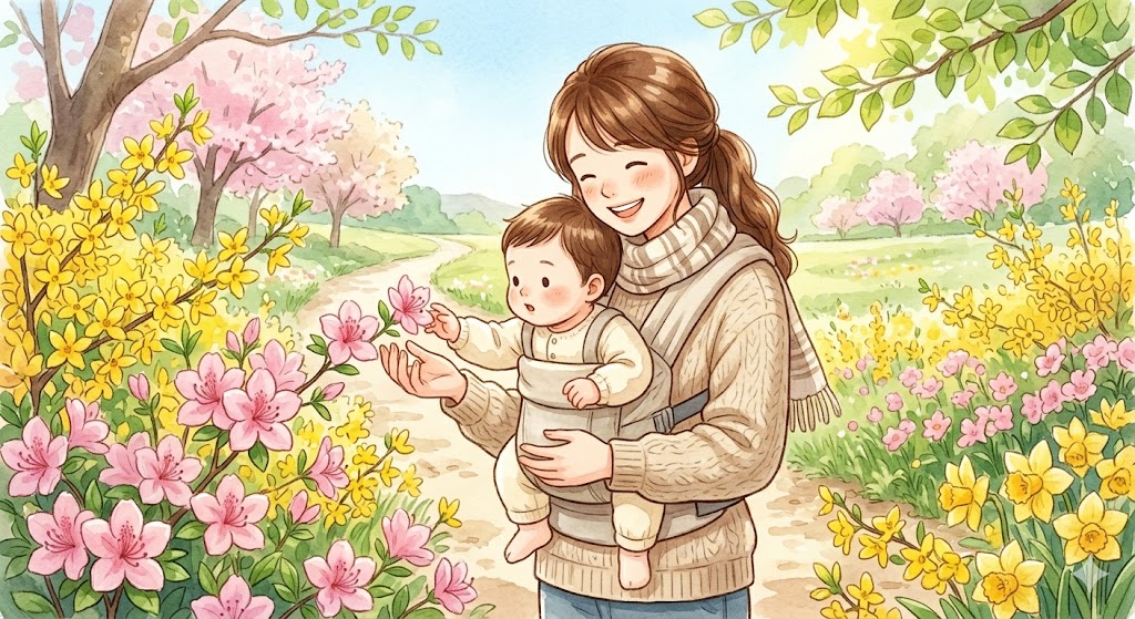 A mother holding her baby near blooming forsythia and azalea flowers in spring, as the baby gently reaches out to touch the petals during a warm outdoor walk.