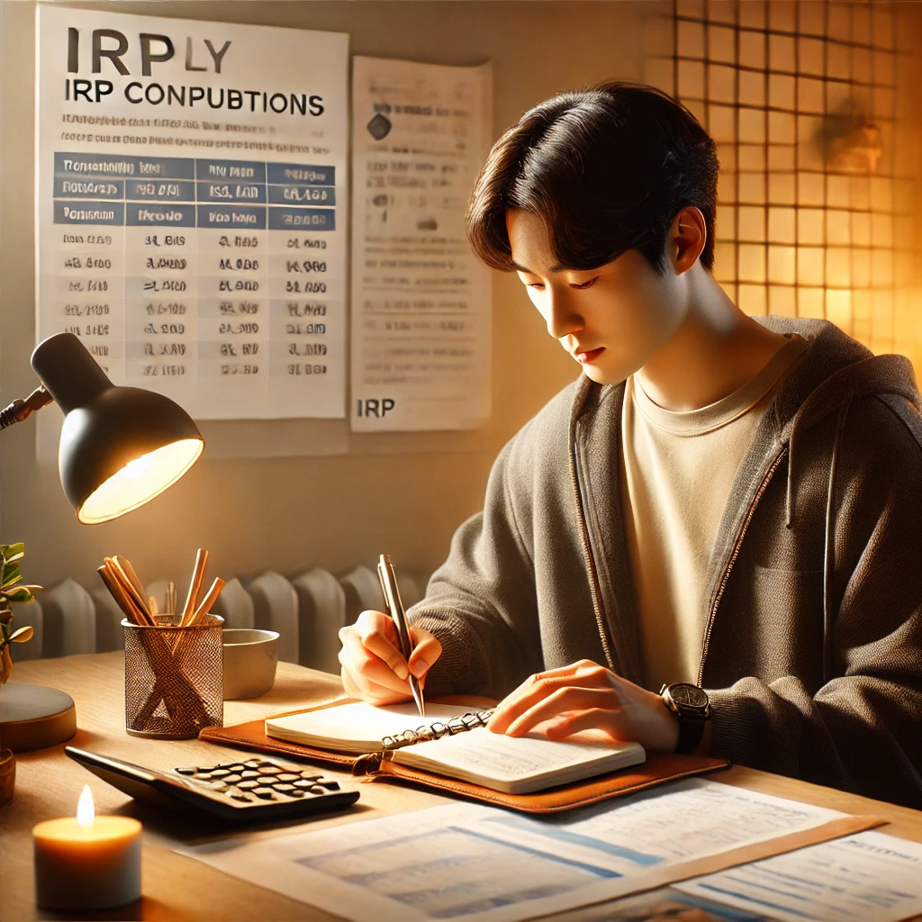 프리랜서(30대)가 홈 오피스에서 계산기와 노트를 사용해 IRP 월별 납입 계획을 세우는 모습