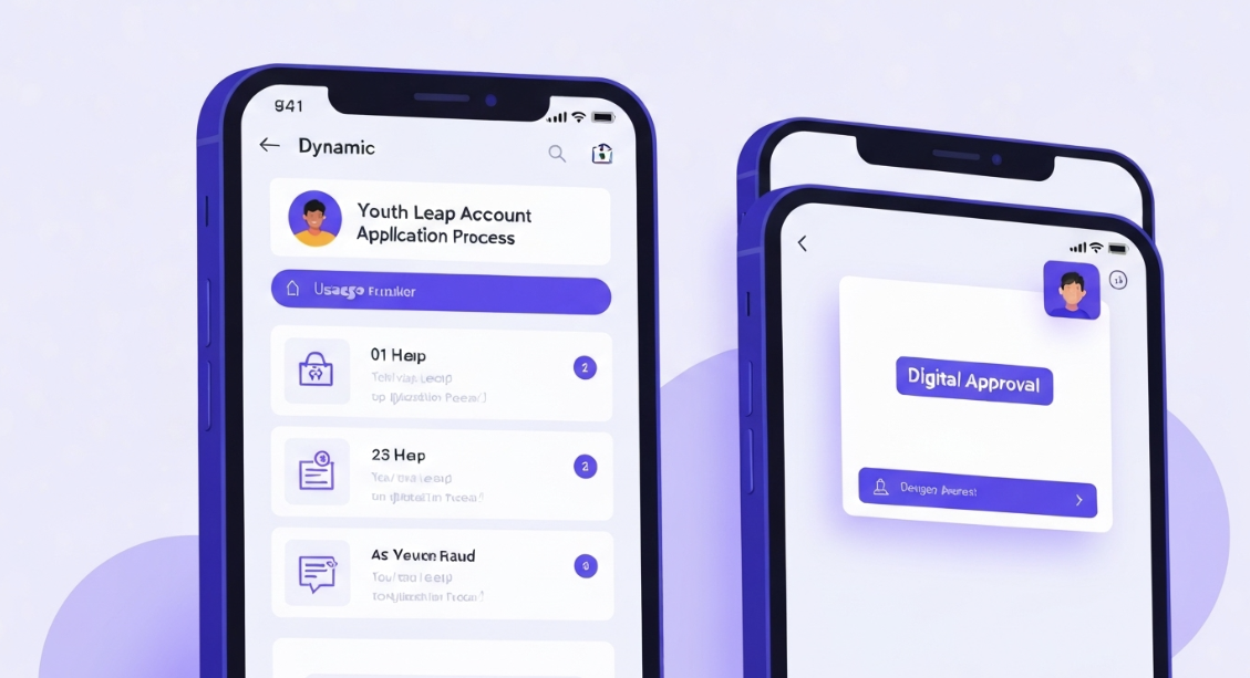 스마트폰 은행 앱에서 청년도약계좌 신청 과정을 단계별로 보여주는 화면과 승인 알림을 받는 모습
