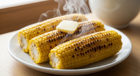 버터를 발라 노릇하게 구운 초당옥수수를 접시에 담는 모습