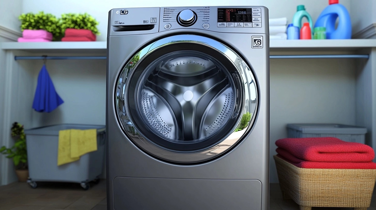 대용량과 스팀 청소 기능을 강조한 LG 세탁기. 밝은 조명 아래 넓은 세탁실에서 보여지는 최신 기술 제품.
