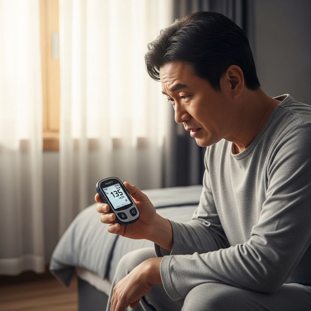 한 40대 한국인 남성이 아침에 침대에서 일어나 혈당을 측정하며, 결과(높은 수치)를 보고 의아해하는 표정을 짓는 모습