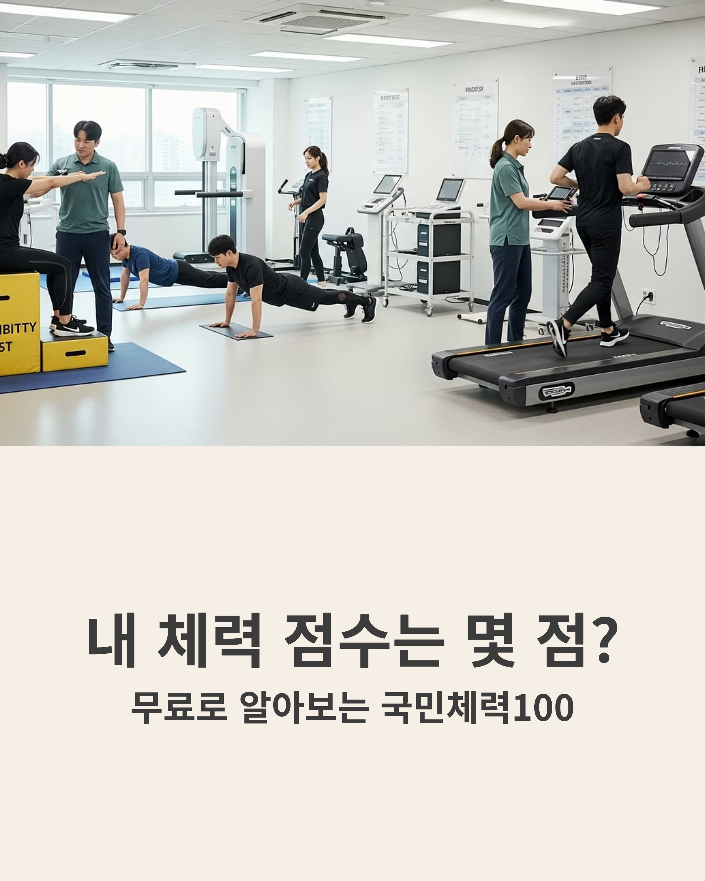 국민체력100 프로그램을 통해 무료로 체력을 측정하는 모습을 담은 인포그래픽으로, 트레드밀·플랭크·유연성 테스트 등 다양한 운동 평가 장면과 함께 ‘내 체력 점수는 몇 점?’ 문구가 포함된 안내 이미지.