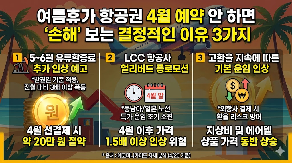 여름휴가 항공권 4월 선결제 이득 요약 인포그래픽. 4월 결제 시 5~6월 유류할증료 인상분 반영 전 가격 적용, 얼리버드 특가 좌석 확보, 고환율 시대 추가 인상 방어 효과를 시각적으로 대조함.