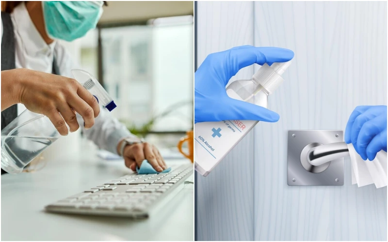 키보드와 도어 손잡이 소독하는 여자