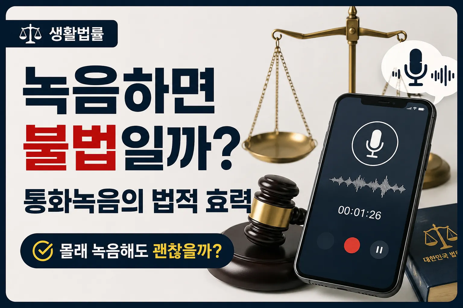 상대방 몰래 녹음했을 때 불법 여부와 통화녹음 증거 효력을 설명하는 생활법률 이미지