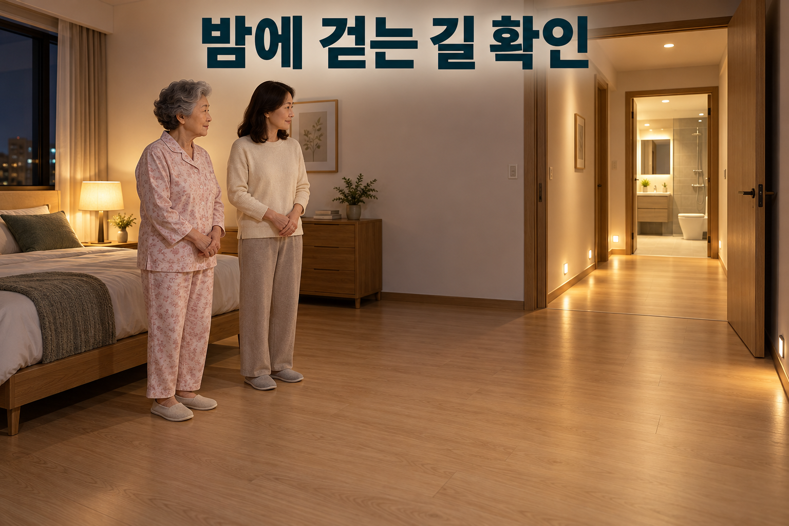 침실과 화장실 사이 밝게 비춘 정돈된 동선을 살피는 가족