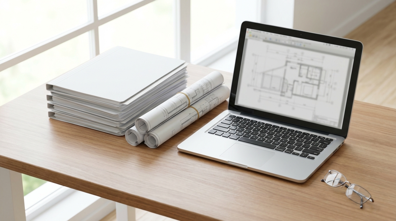 깔끔하게 정리된 건설 준공 보고서 파일과 도면이 놓인 책상