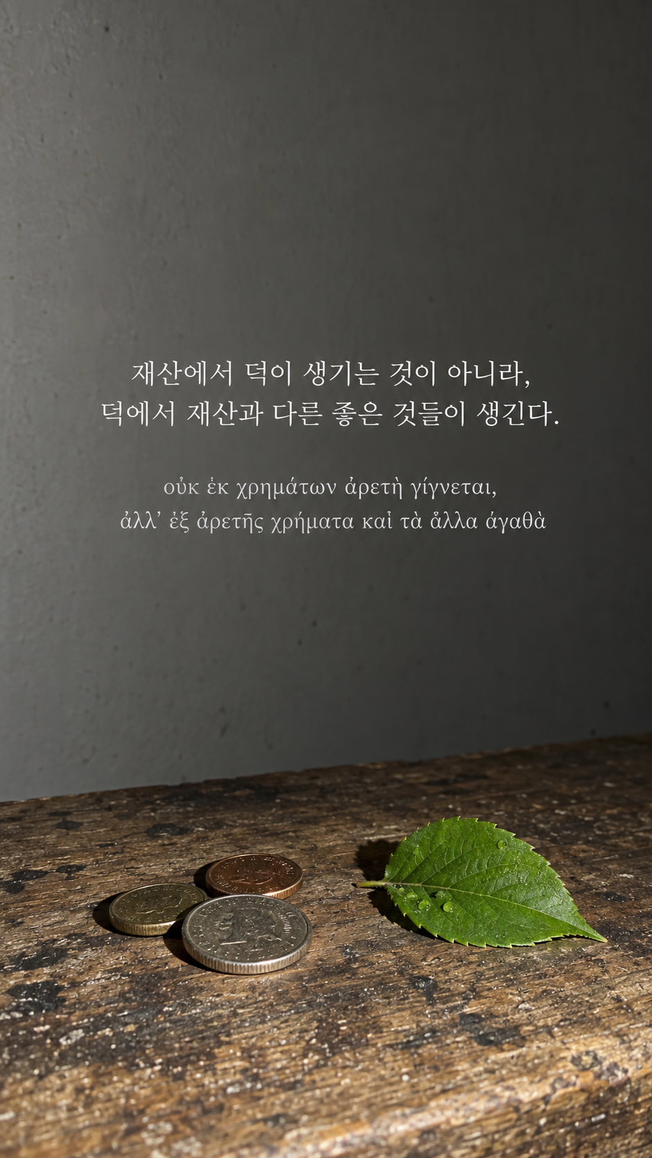 플라톤 명언 23 재산에서 덕이 생기는 것이 아니라, 덕에서 재산과 다른 좋은 것들이 생긴다. 몇 개의 동전과 자라나는 작은 잎 배경의 한글·그리스어 세로 이미지