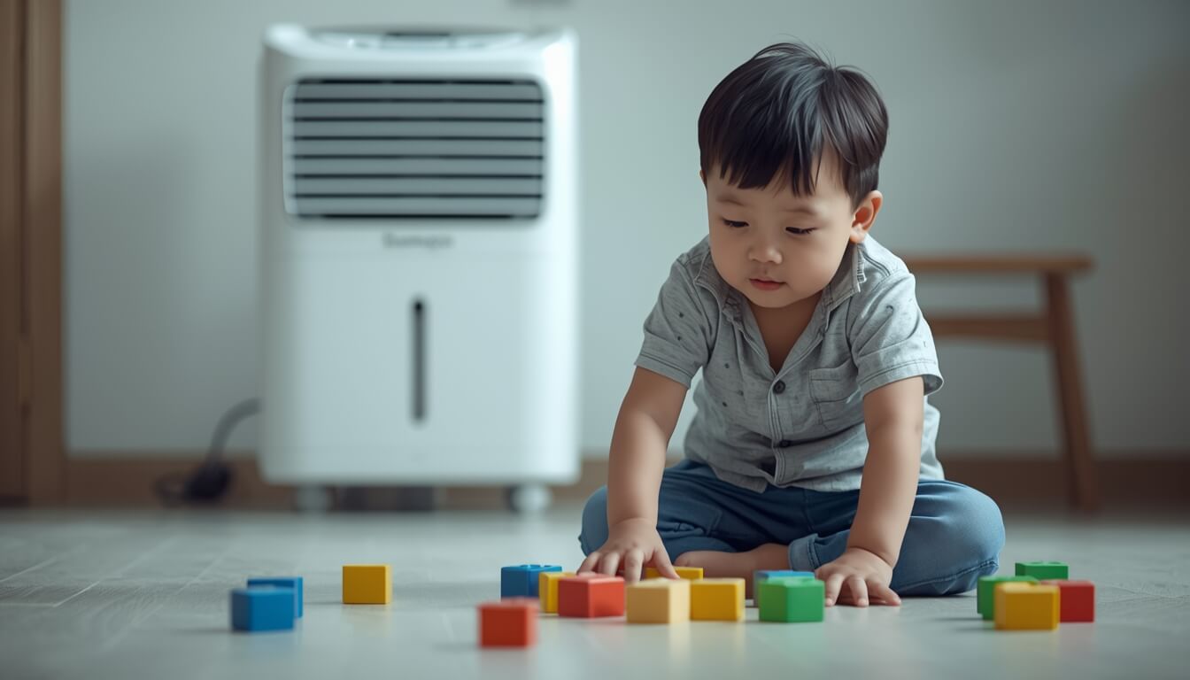 에너지 효율이 좋은 제습기 덕분에 뽀송한 거실에서 노는 아이