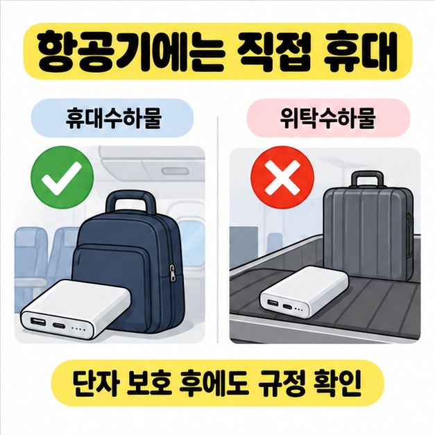 휴대수하물에는 체크 표시, 위탁수하물에는 X 표시를 넣어 보조배터리를 직접 휴대해야 함을 알리는 도식