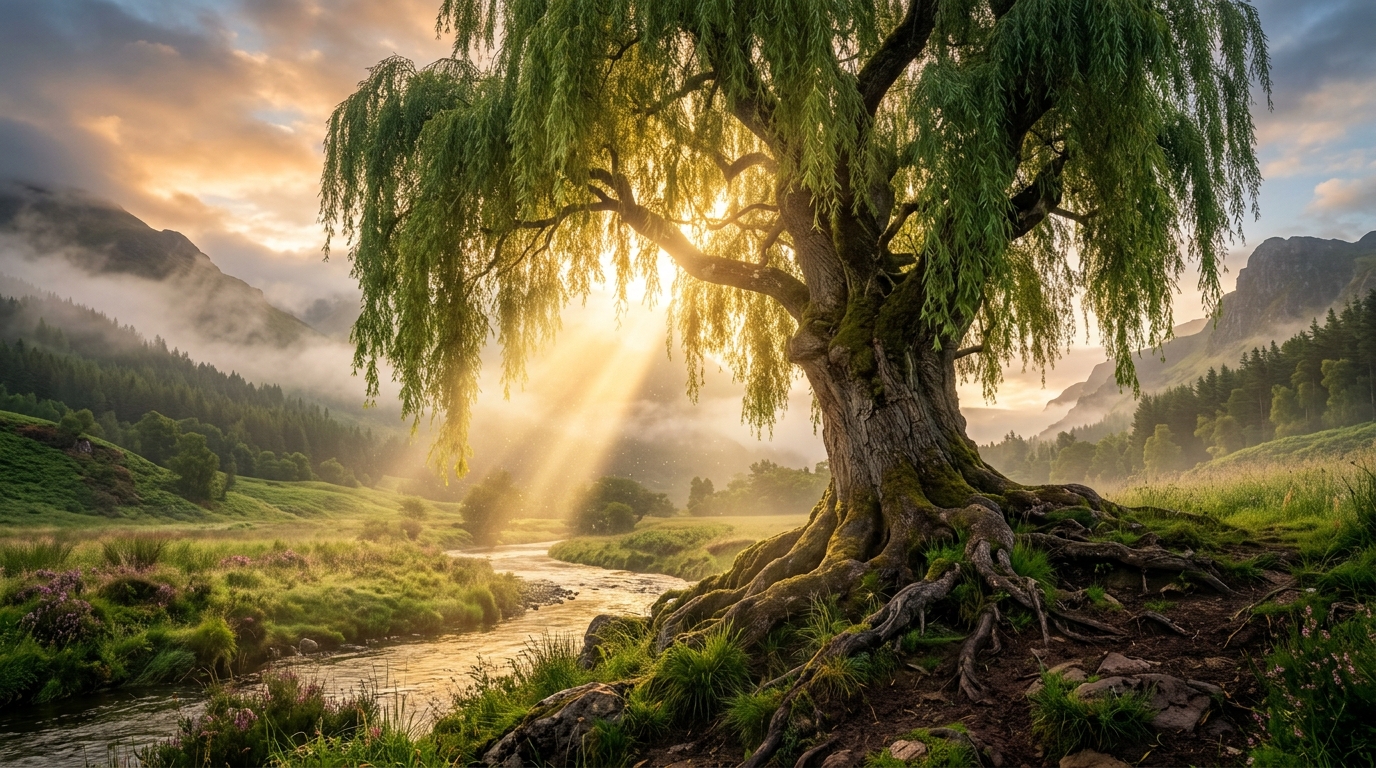 An epic, highly detailed landscape photograph of a grand, ancient Willow tree standing undefeated in a beautiful valley. The massive tree has deep, thick roots gripping the dark, rich soil, with soft green leaves hanging gracefully. A spectacular, intense ray of warm golden morning sunlight cuts through the misty forest, illuminating the entire willow tree and casting magical light dust particles. It perfectly symbolizes the enduring legacy of benevolence, shelter, and corporate social responsibility. Photorealistic, cinematic lighting, 8k resolution.