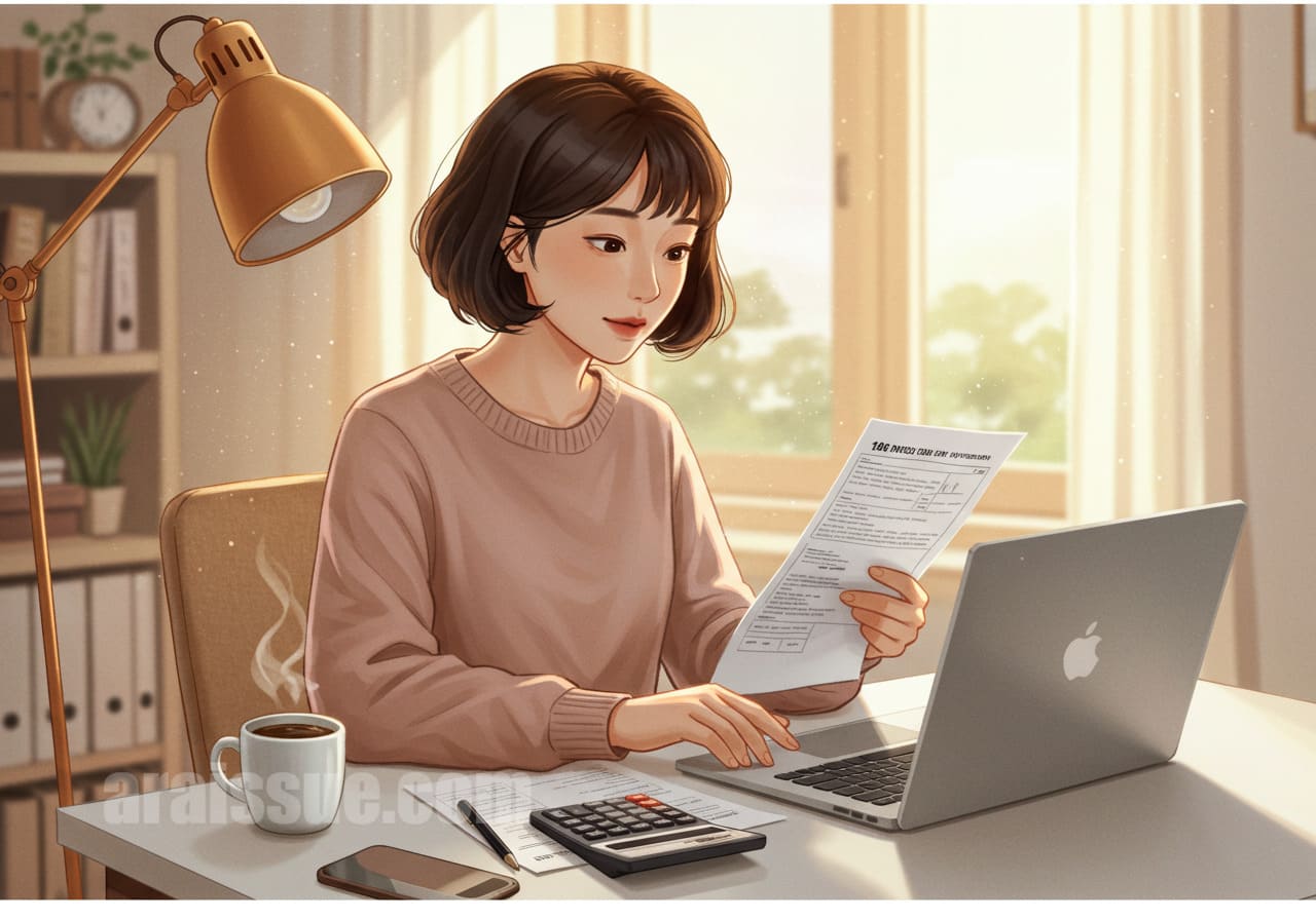 가정 내 책상에서 연말정산 관련 의료비 공제 항목을 확인하고 있는 여성의 모습. 계산기와 노트북, 커피잔이 함께 있는 일러스트 장면으로 편안한 분위기를 표현합니다.