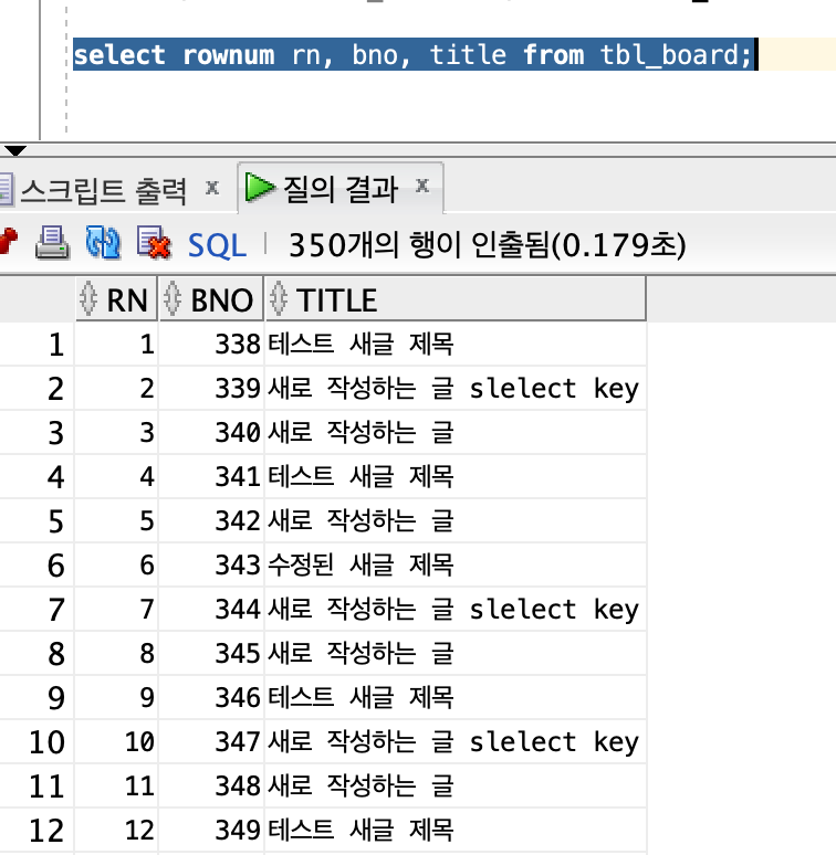 ROWNUM을 적용한 tbl_board 기본 조회 결과 화면