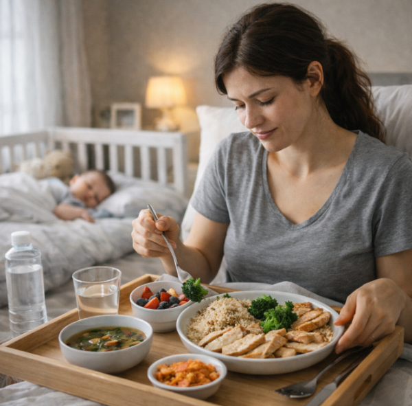 모유수유 중 산모가 산후 회복을 위해 건강한 식단을 섭취하는 모습